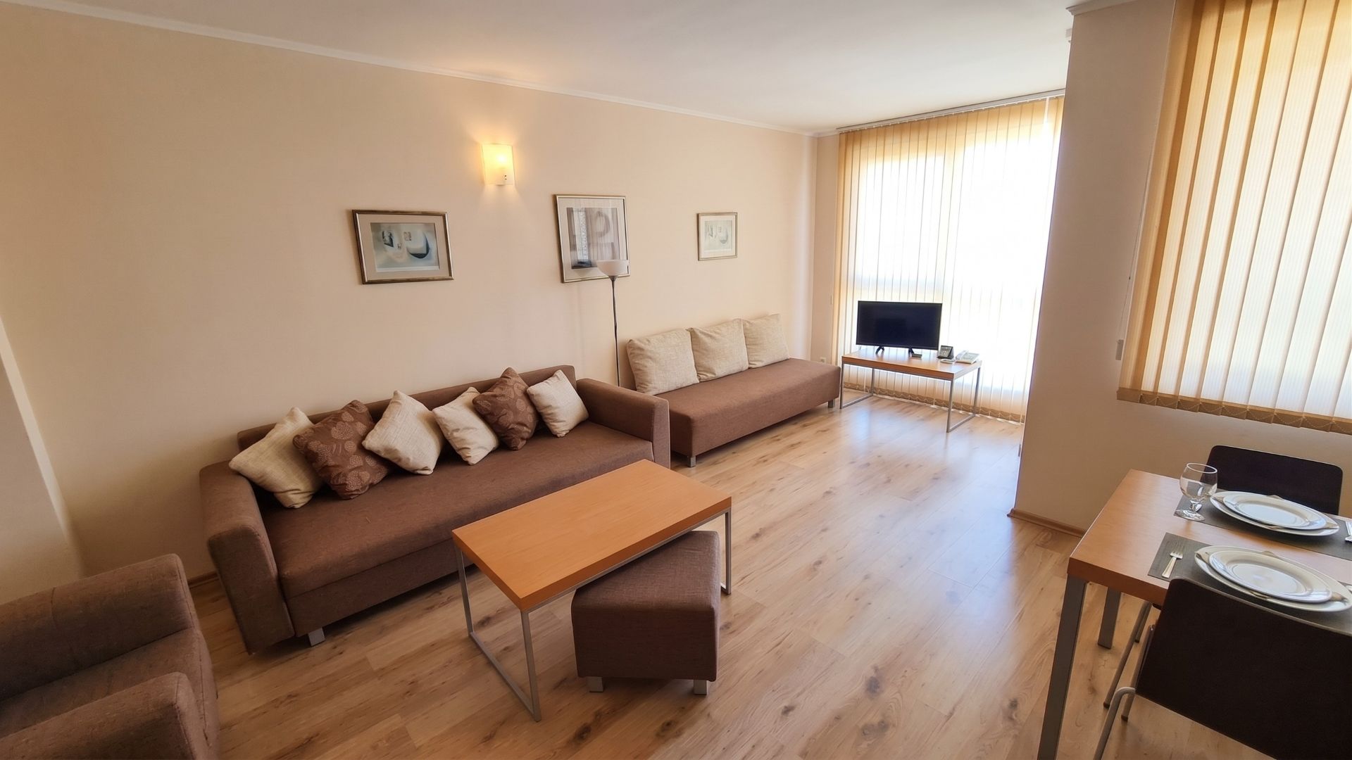 Living room sofas and TV.
